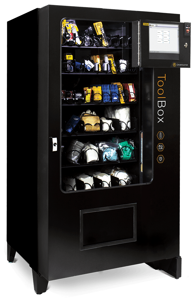 Expendedora industrial CribMaster ToolBox con bandejas de EPP y consumibles y pantalla táctil