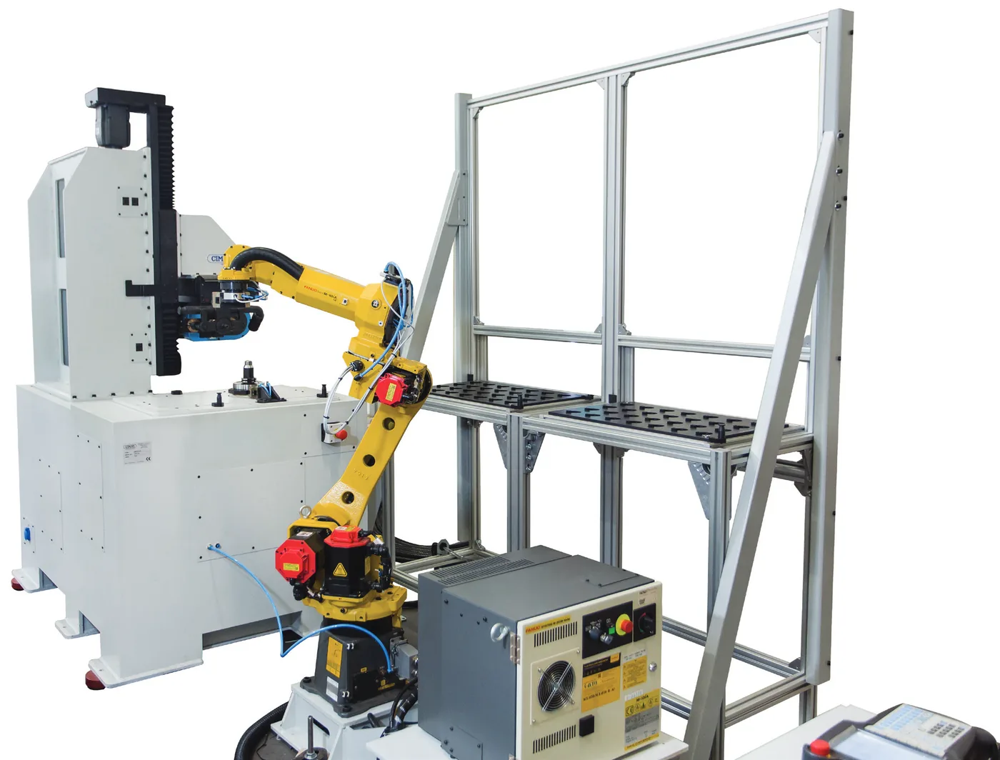 Celda de balanceo CIMAT con robot de carga y descarga junto a un rack de piezas
